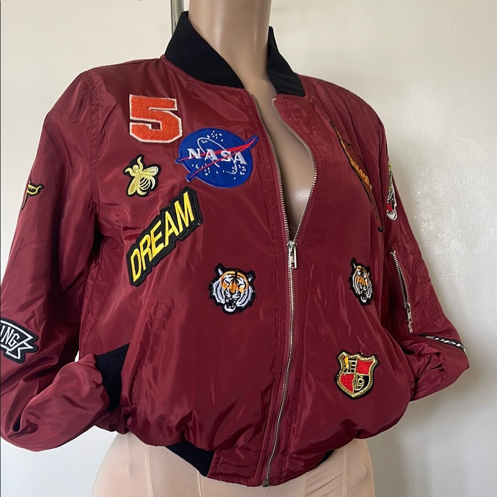 MANGO Women's Burgundy Patchwork Bomber JACKET w pockets